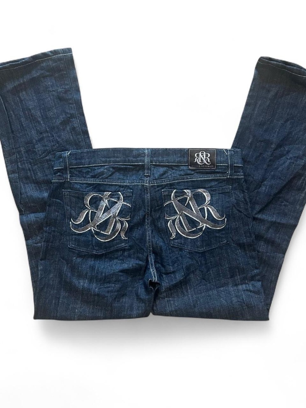 Rock & Republic Dark Blue Straight Leg Jeans with Embroidered Back Pockets